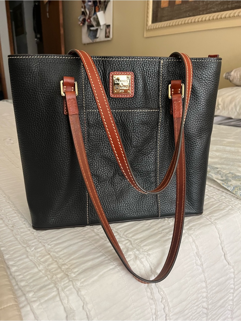 Dooney & Bourke Black Pebble Leather Tote with Brown Trim and Straps